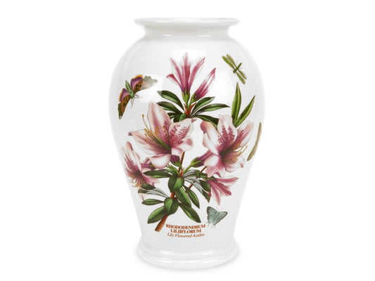 A striking cream porcelain vase with a large mauve floral design on the sides