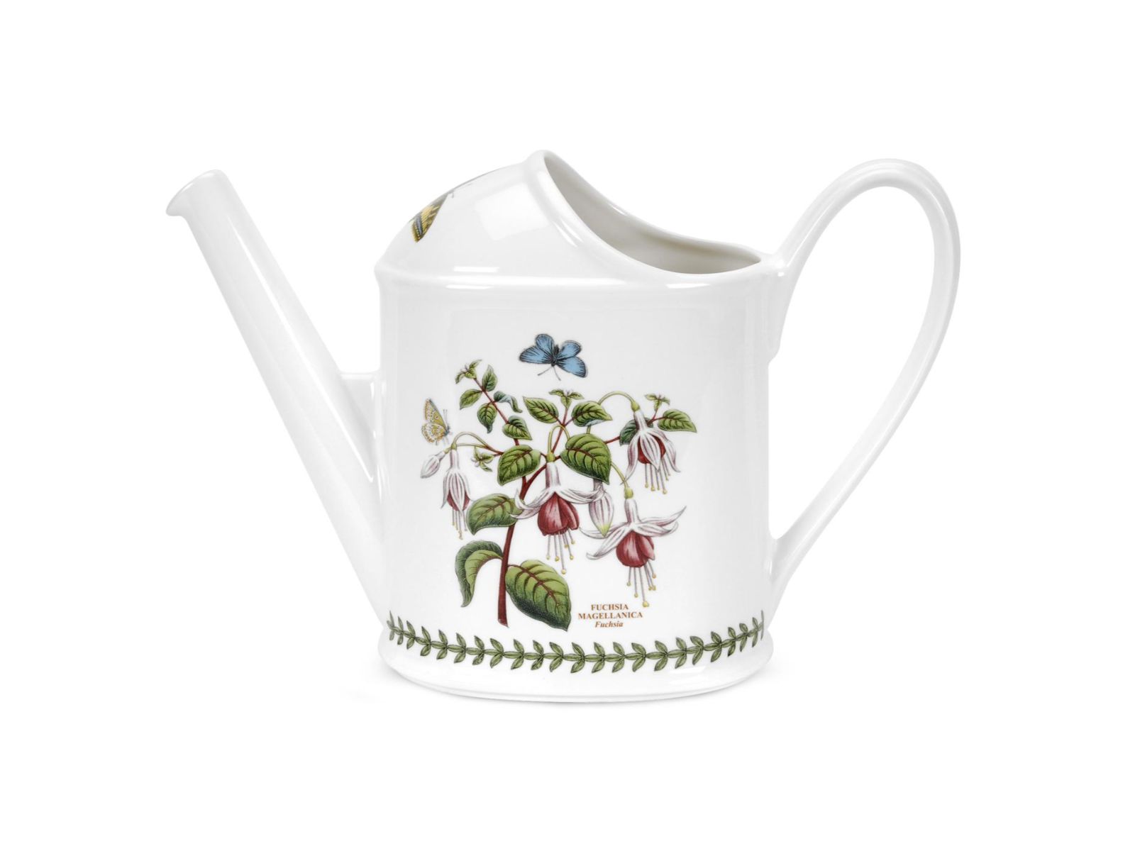A white porcelain watering can with a laurel wreath rim around the bottom, with a delicate fuchsia design and butterflies around the sides.