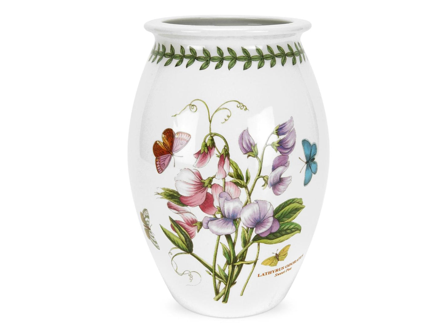 A tall white porcelain vase with a green laurel wreath rim and a large pink and purple sweet pea design on the front and back