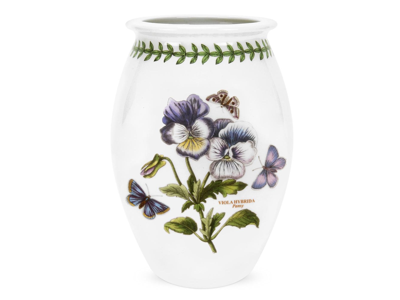 A white porcelain vase with a laurel wreath rim and purple pansy motif on the side