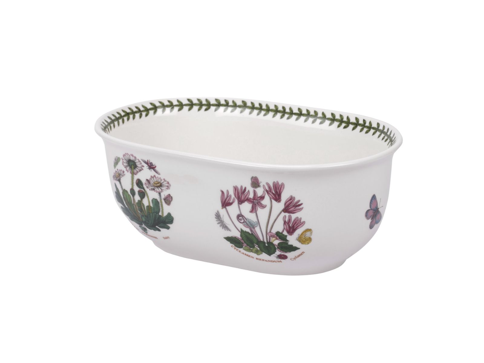 A white porcelain oval bulb pot with a laurel wreath rim and various floral designs on the outside