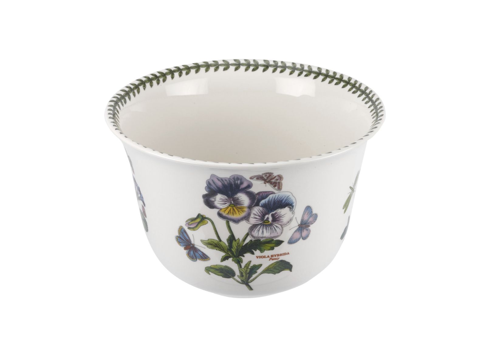 A white porcelain flower pot with a green laurel wreath trim and four floral designs on the outside