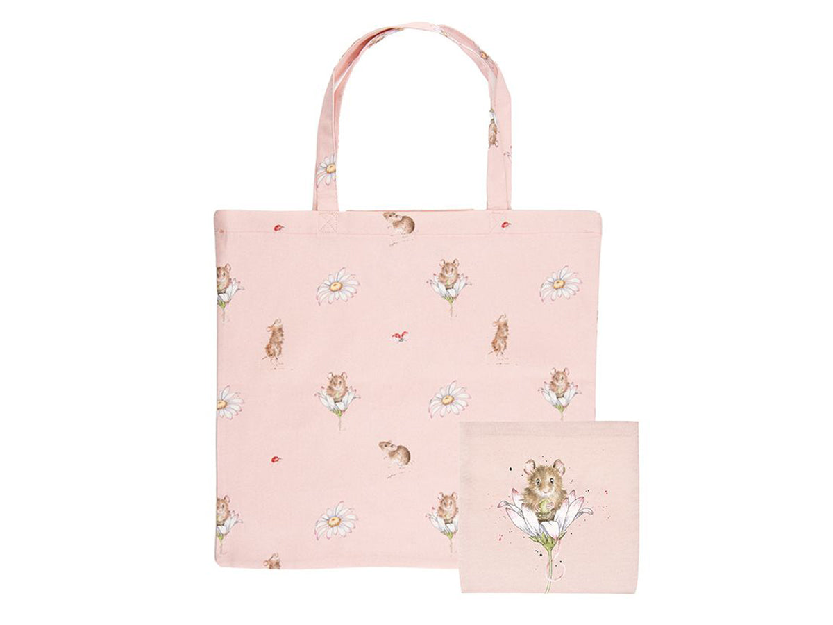 A light pink shopping bag with daisies, ladybirds and small mice on it.