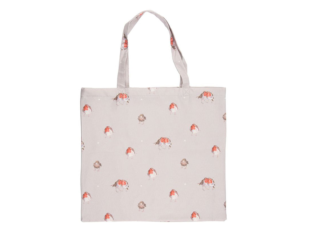 A light brown fabric shopping bag with red robin designs on