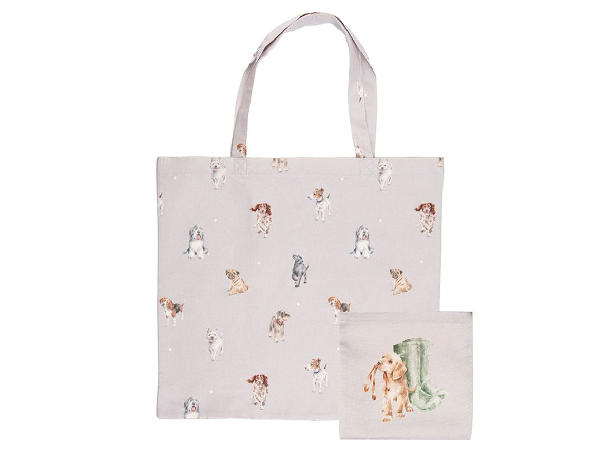 A light taupe fabric shopping bag with different dog designs on it