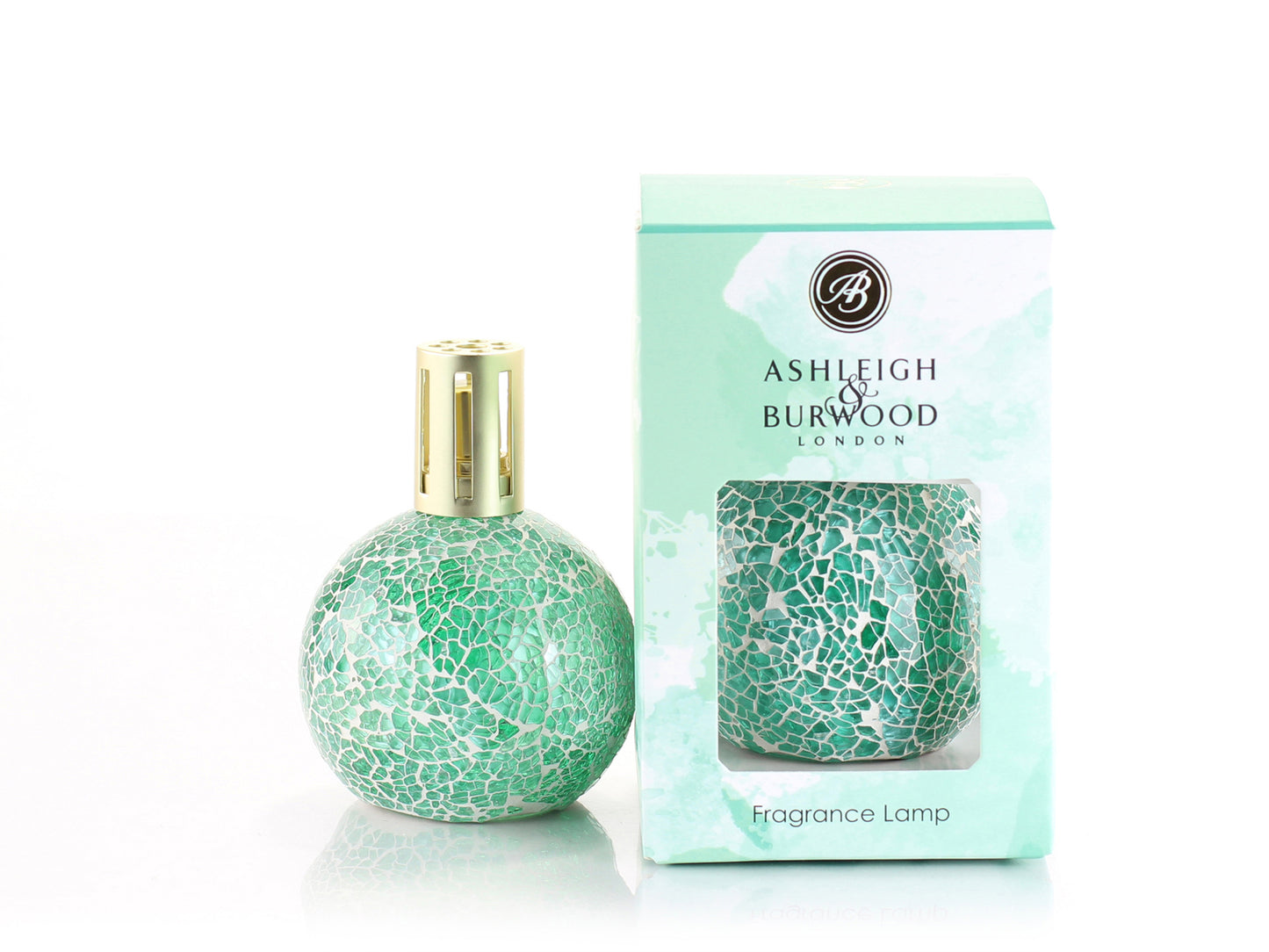 An aqua green fragrance lamp with a golden lid, made of pieces of glass embedded in a mosaic style