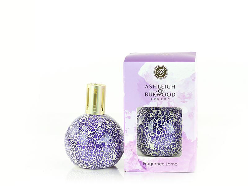 A purple glass mosaic fragrance lamp with a spherical body and a gold lid. It comes in a marbled purple and white gift box.