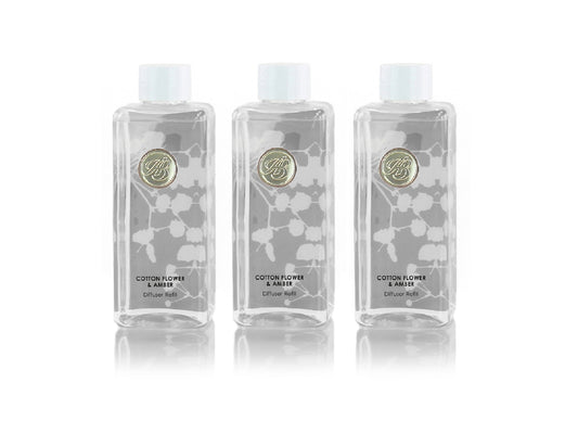 Three bottles of reed diffuser liquid in clear bottles with a grey and white floral backing and a white lid.