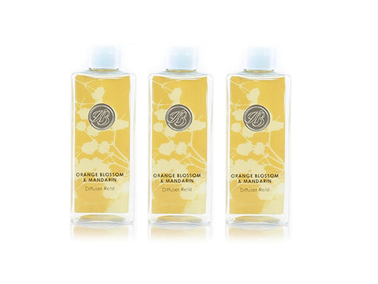 Three bottles of reed diffuser liquid with a yellow and white floral background and white lids