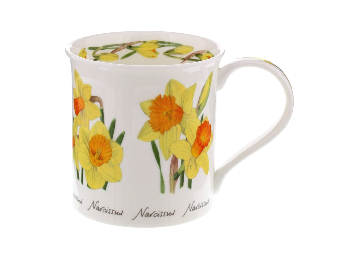 Dunnon Bute Spring Flowers Narcissus Mug is a fine bone china mug that is printed with beautiful and colourful designs of the narcissus flower around its exterior, along its handle and around the inner rim of the mug.
