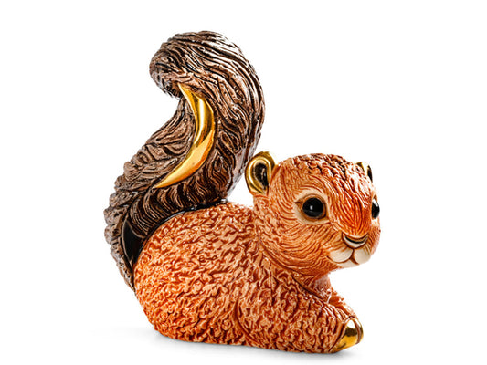 Handcrafted De Rosa baby red squirrel porcelain figurine with curled copper-toned body, textured fur, metallic bronze and gold bushy tail, glossy black eyes, and gold-tipped paws against a white background.
