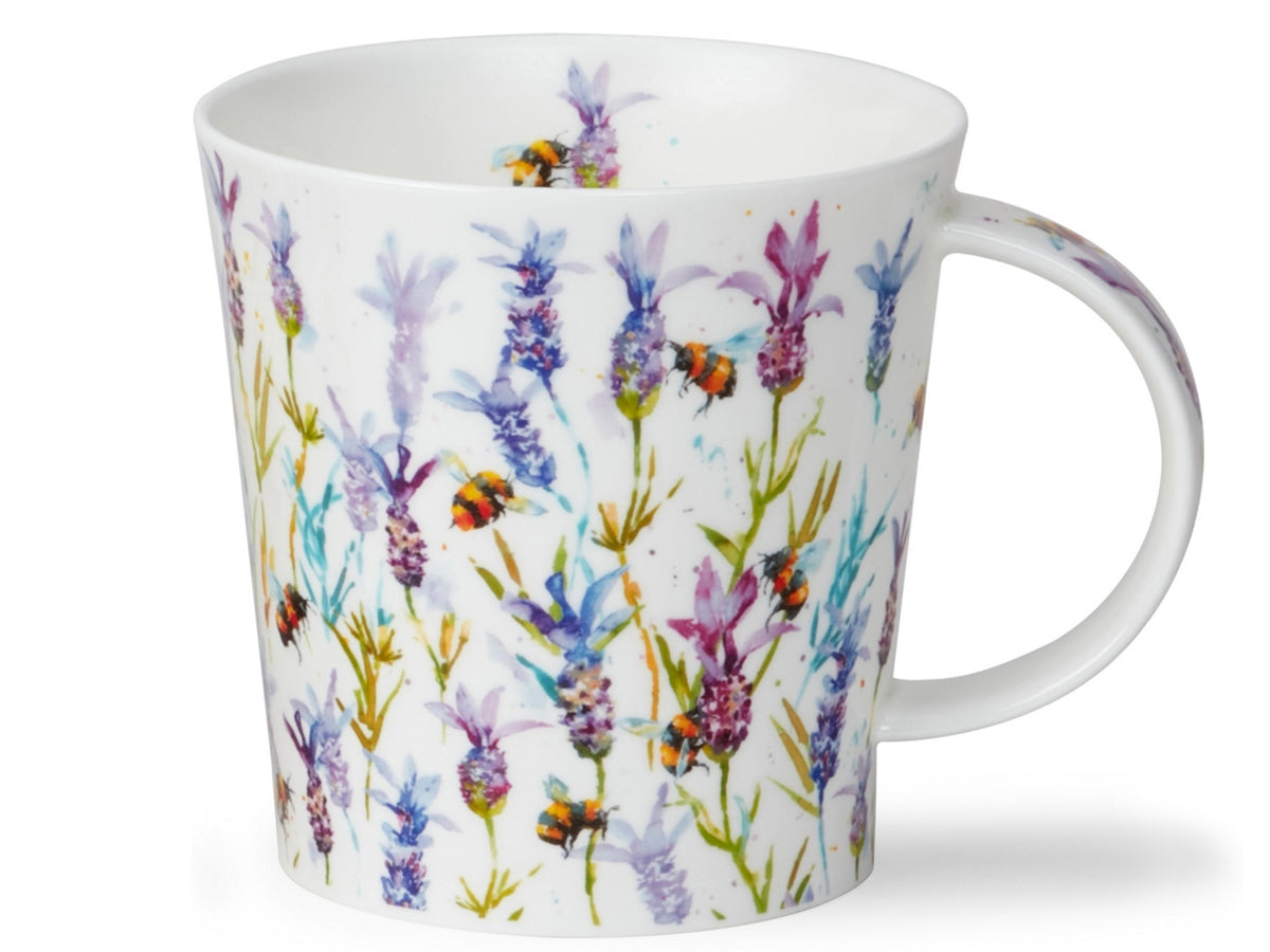 Dunoon Benmore Busy Bees mug featuring purple lavender style flowers and bumblebees on a white background