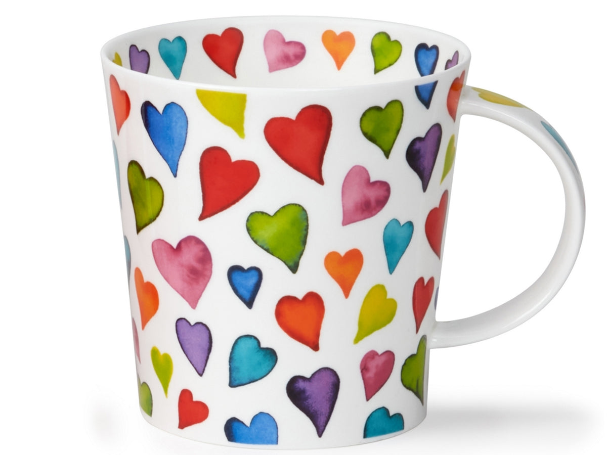 Dunoon Benmore Warm Heart mug featuring multicoloured watercolour hearts on a white background