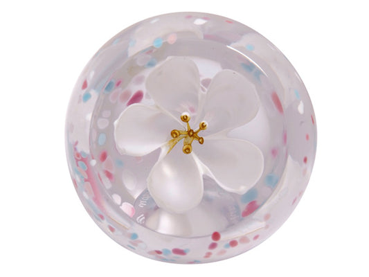 A glass paperweight featuring a white flower with dots of pastel  pink, blues and creamy whites speckled around the centre