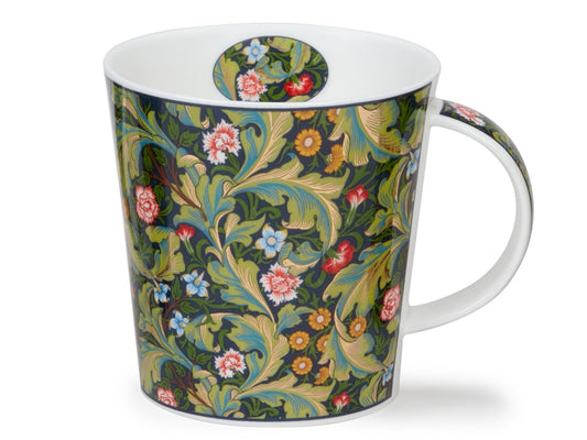 Dunoon Cairngorm Arts and Crafts Gold Leicester mug with William Morris inspired floral pattern and gold detail on a dark background