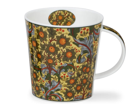 Dunoon Cairngorm Arts and Crafts Gold Orchard mug with William Morris inspired fruit and floral pattern and gold detail on a dark background