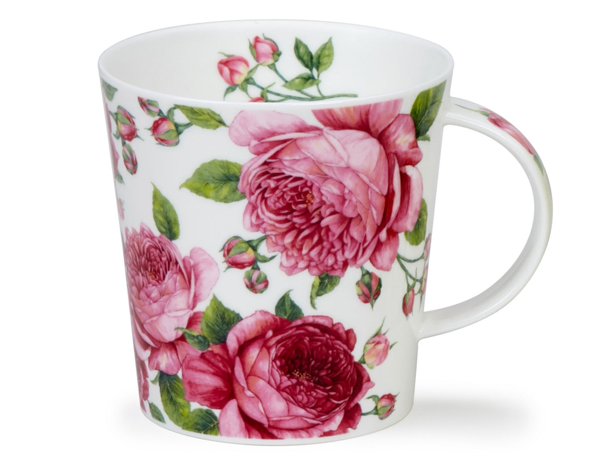 Dunoon Cairngorm Beautiful Orchard Rose mug featuring pink roses, rosebuds and green leaves on a white background