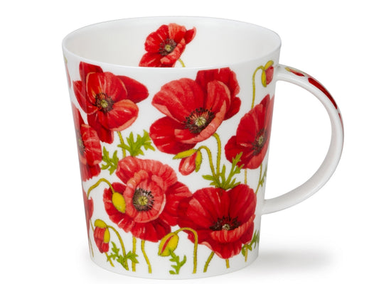 Dunoon Cairngorm Beautiful Poppy mug featuring vivid red poppies, buds and green stems on a white background