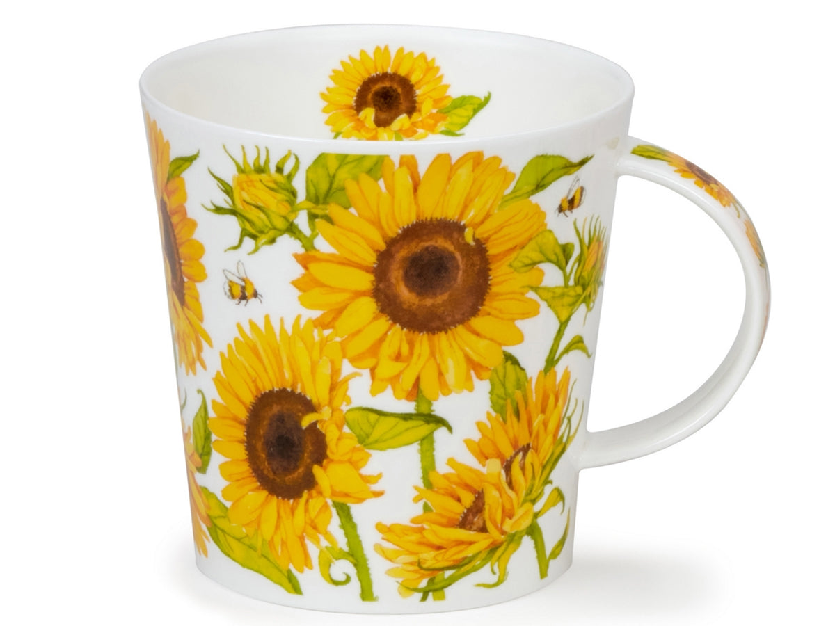 Dunoon Benmore Sunflowers mug featuring bright yellow sunflower illustrations on a white background