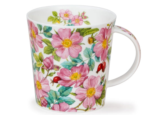 Dunoon Cairngorm Beautiful Wild Rose mug featuring pink wild roses, green foliage and rosehip details on a white background