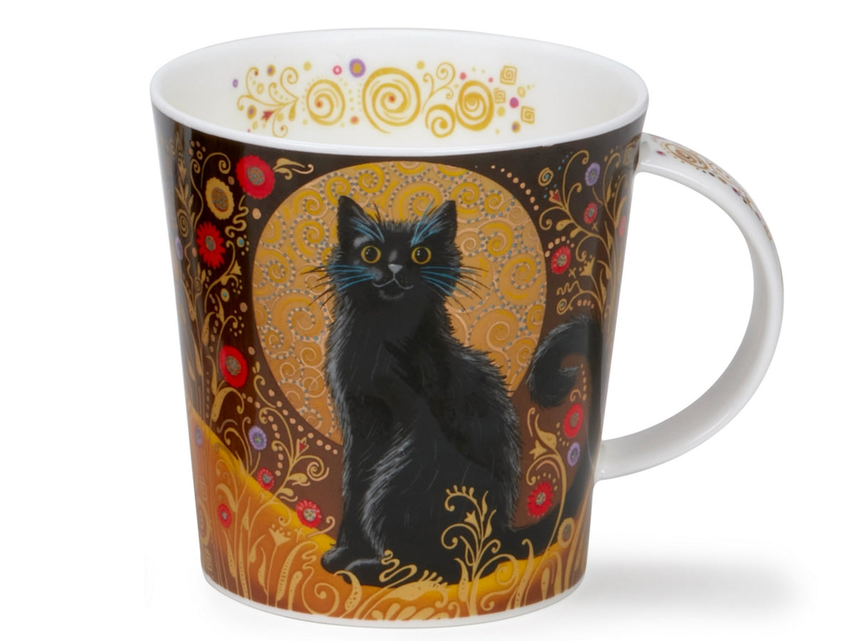 Dunoon Cairngorm Celestial Cats Black mug featuring a decorative cat design with ornate swirling patterns on a dark background