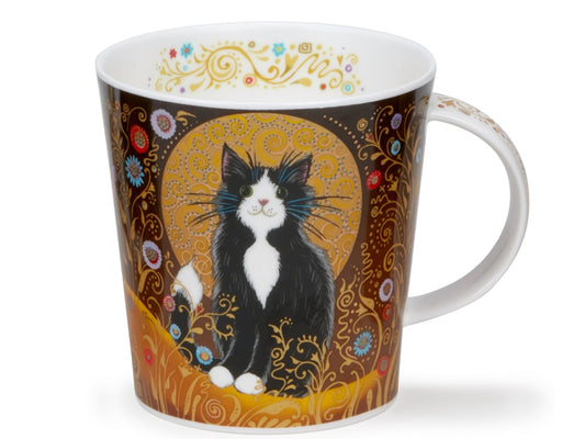 Dunoon Cairngorm Celestial Cats B&W mug featuring a black and white cat with gold decorative patterns on a warm brown background