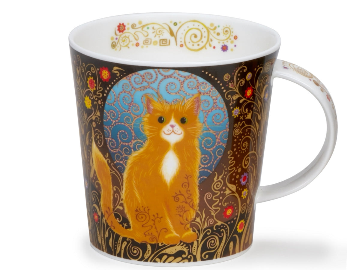 Dunoon Cairngorm Celestial Cats Ginger mug featuring a ginger cat with ornate swirling patterns on a dark background