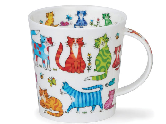 Dunoon Cairngorm Colourful Crew Cat mug featuring colourful patterned cats with flowers, bees and butterflies on a white background