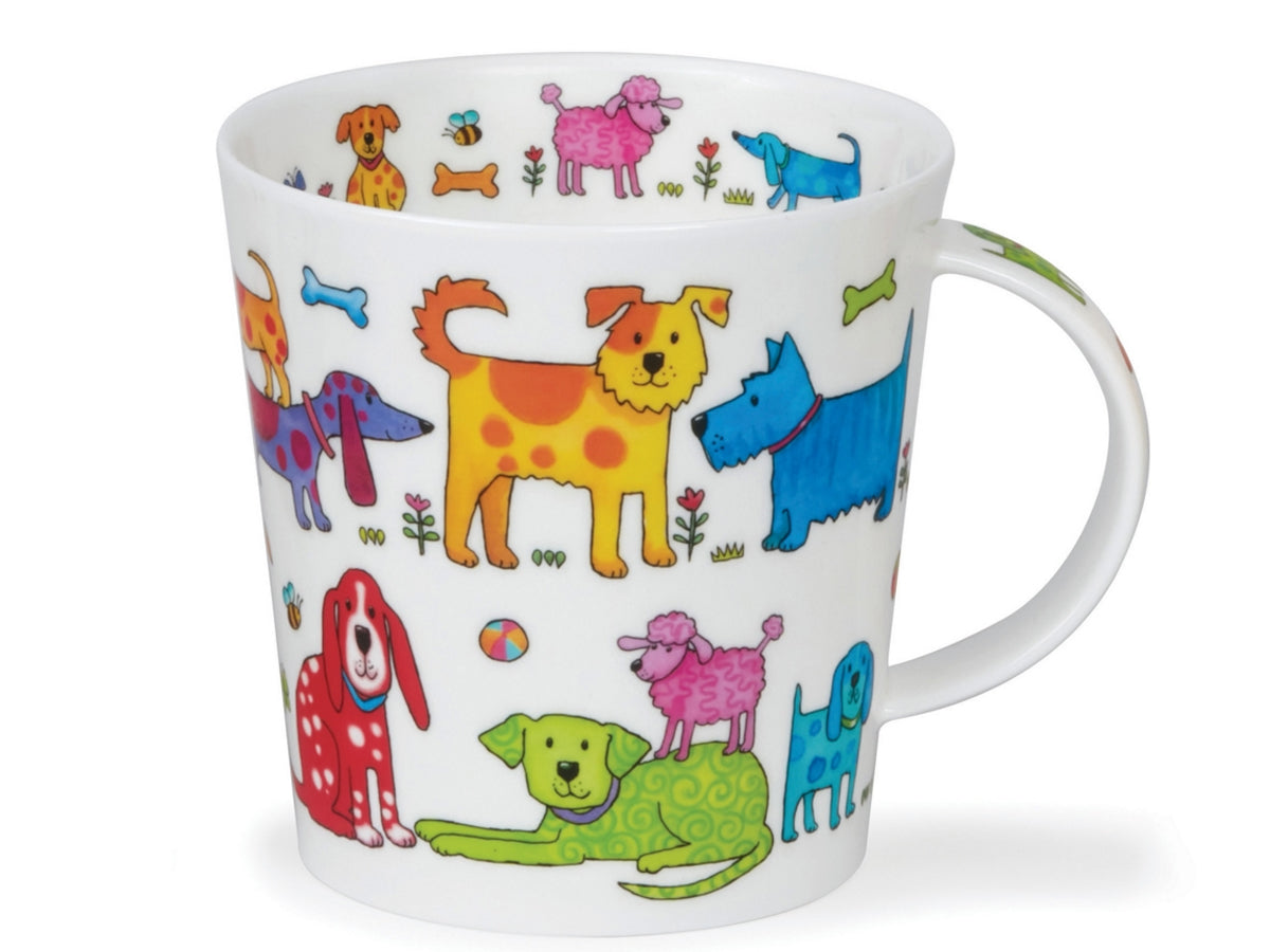 Dunoon Cairngorm Colourful Crew Dog mug featuring colourful patterned dogs on a white background