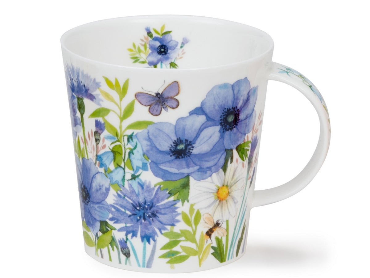 Dunoon Cairngorm Floral Whisper Blue fine bone china mug with blue anemone-style flowers, wild meadow blooms, butterfly and bee illustration.