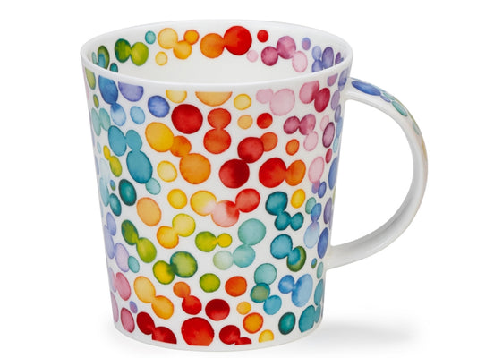 Dunoon Cairngorm Lots of Spots fine bone china mug with multi-coloured watercolour spots on a white background.