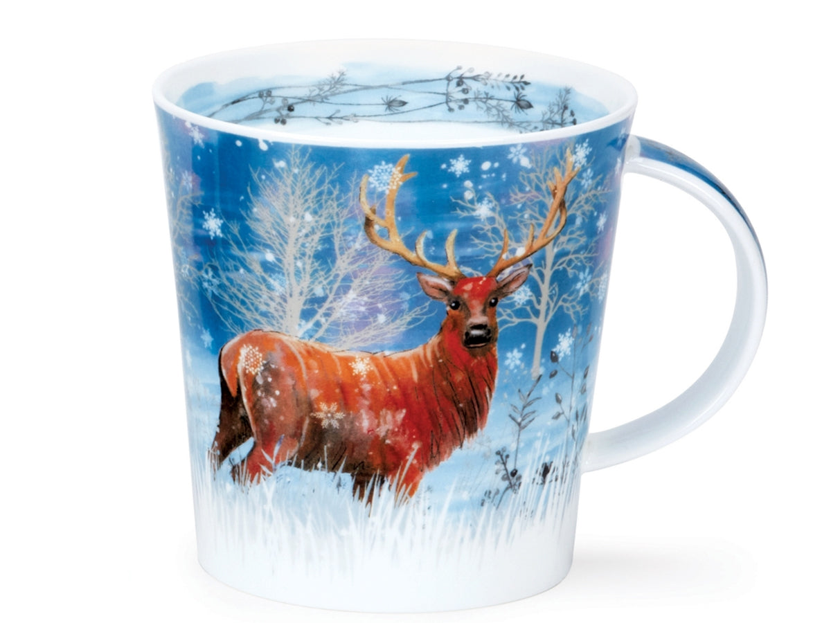 Dunoon Cairngorm Moonlight Deer fine bone china mug with a brown stag in a snowy winter woodland scene on a blue background.