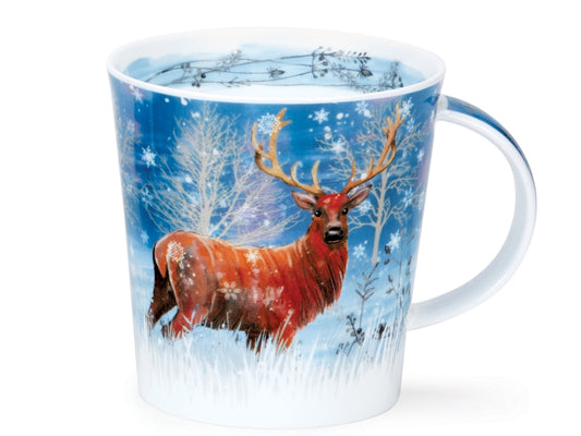 Dunoon Cairngorm Moonlight Deer fine bone china mug with a brown stag in a snowy winter woodland scene on a blue background.