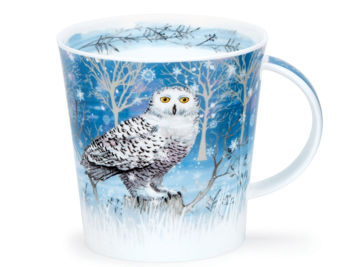 Dunoon Cairngorm Moonlight Owl fine bone china mug with a snowy owl in a blue winter woodland scene on a white background.