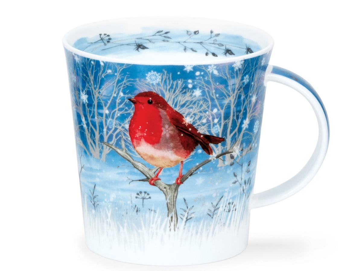 Dunoon Cairngorm Moonlight Robin fine bone china mug with a red robin in a snowy winter woodland scene on a blue background.