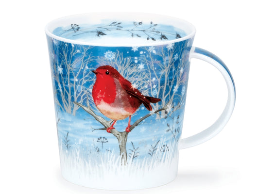 Dunoon Cairngorm Moonlight Robin fine bone china mug with a red robin in a snowy winter woodland scene on a blue background.