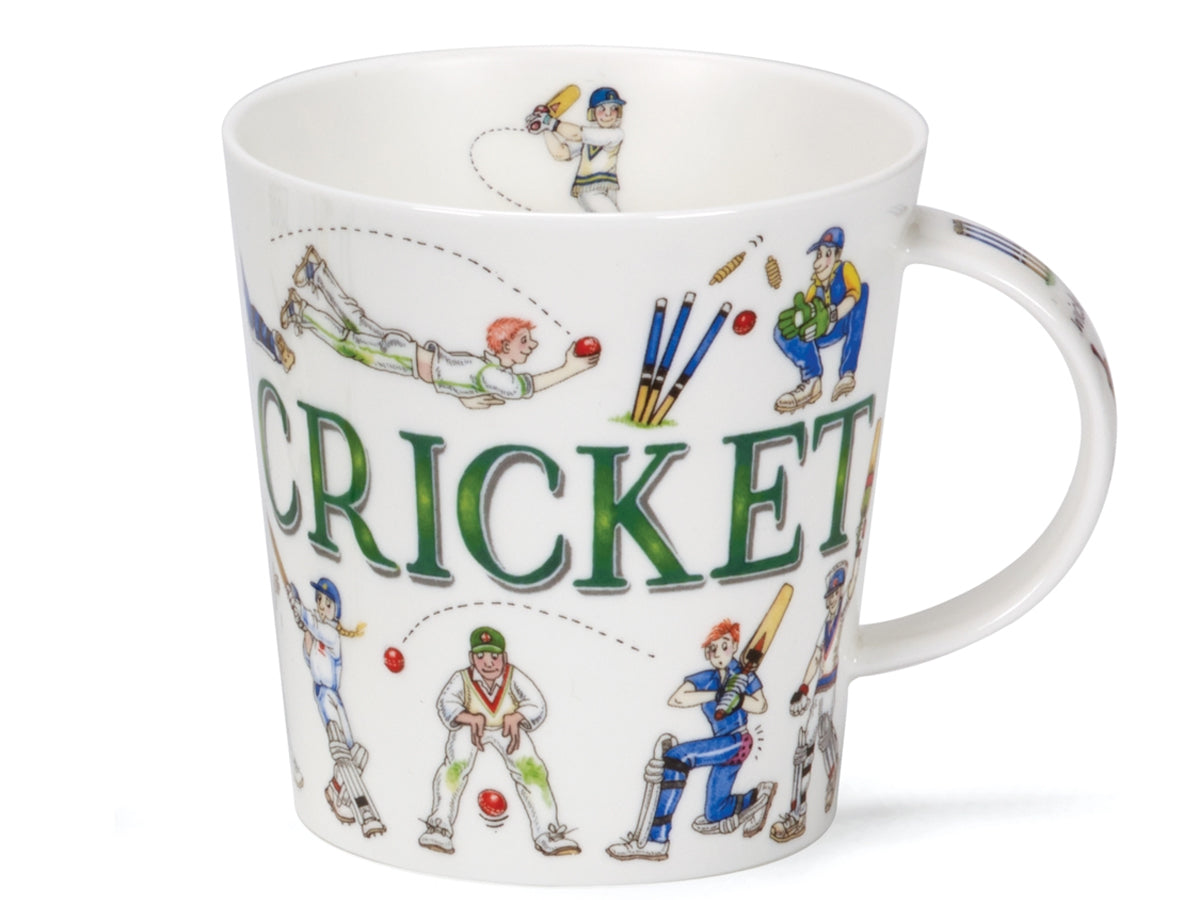 Dunoon Cairngorm Sporting Antics Cricket fine bone china mug with illustrated cricket players, wickets and large green cricket lettering on a white background.