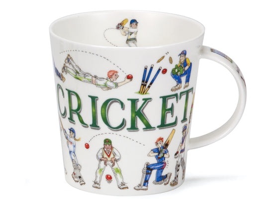 Dunoon Cairngorm Sporting Antics Cricket fine bone china mug with illustrated cricket players, wickets and large green cricket lettering on a white background.