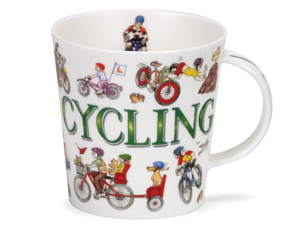 Dunoon Cairngorm Sporting Antics Cycling fine bone china mug with colourful illustrated cyclists, bicycle-themed details and large cycling lettering on a white background.