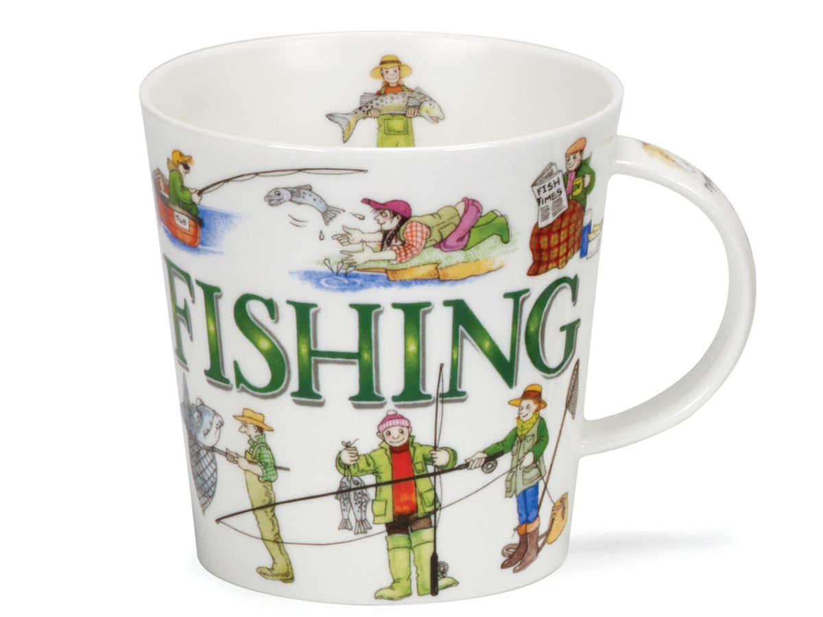 Dunoon Cairngorm Sporting Antics Fishing fine bone china mug with colourful illustrated fishing scenes, angling details and large fishing lettering on a white background.