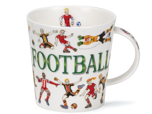 Dunoon Cairngorm Sporting Antics Football fine bone china mug with colourful illustrated football scenes, playful details and large football lettering on a white background.