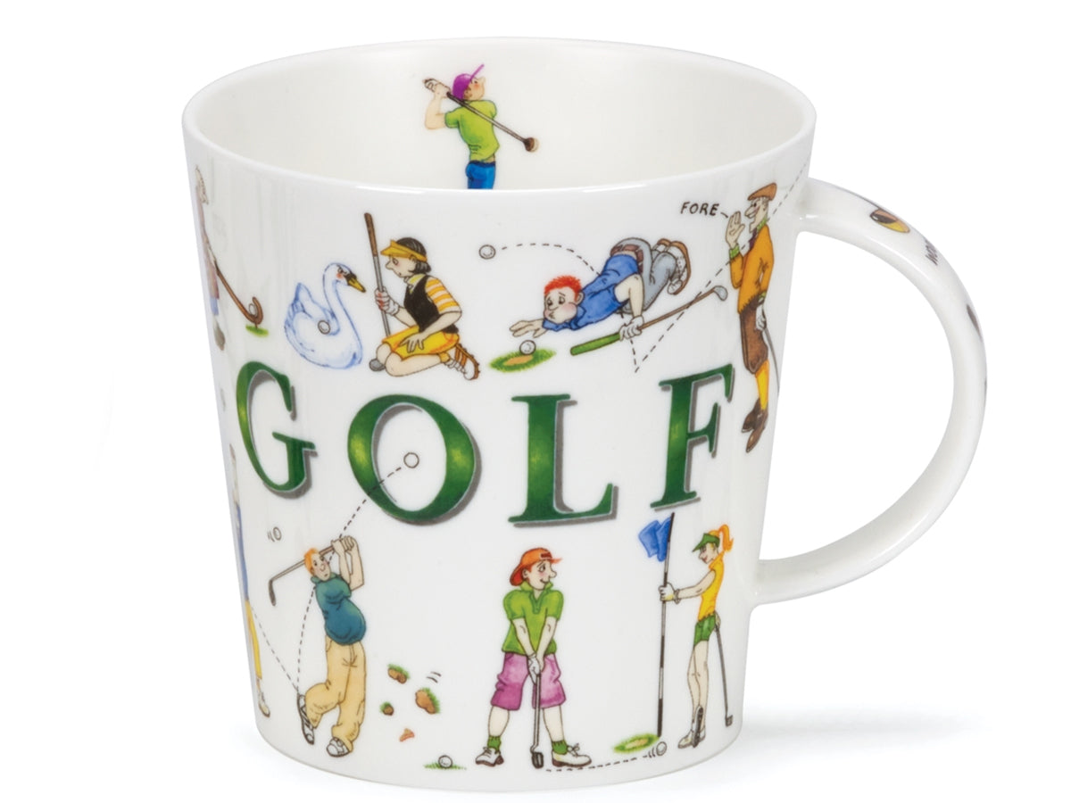 Dunoon Cairngorm Sporting Antics Golf fine bone china mug with colourful illustrated golfers, golf-themed details and large green golf lettering on a white background.