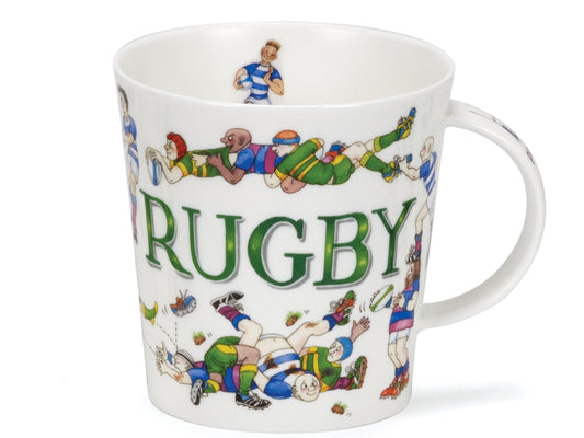Shop the Dunoon Cairngorm Sporting Antics Rugby Mug, a fine bone china rugby mug with playful illustrated artwork by Cherry Denman, made in Staffordshire.