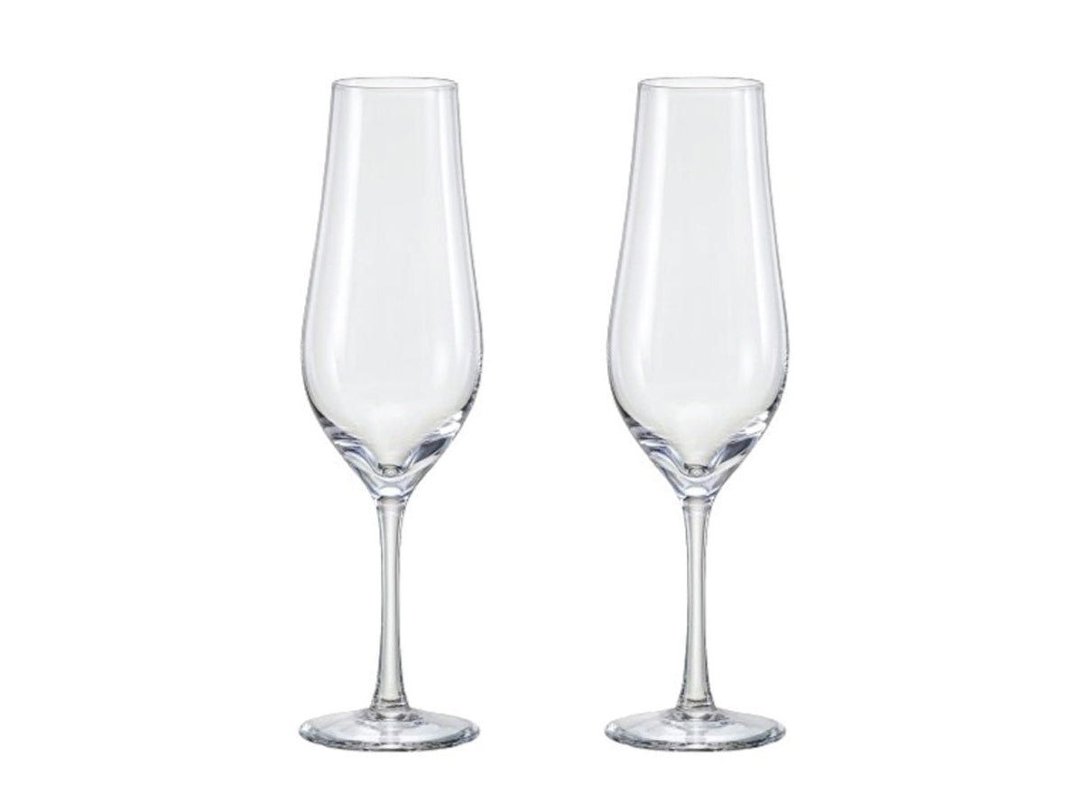 A pair of sleek champagne flutes with tapered lips