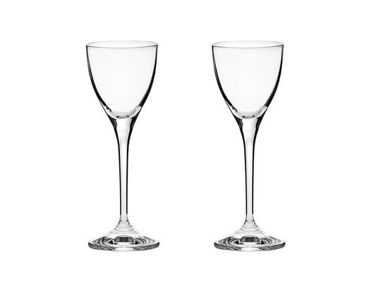 A pair of plain crystal port glasses with long stems and flared bowls