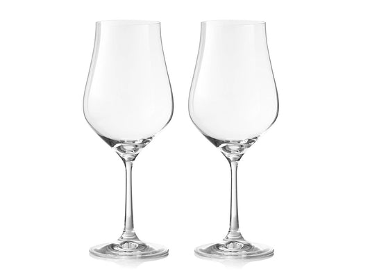 A pair of large wine glasses with tapered lips and thin stems