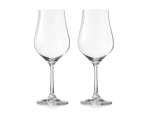 A pair of classic wine glasses with a tapered lip