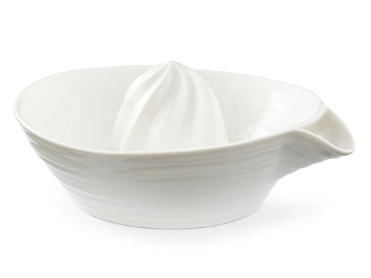 White porcelain citrus juicer with central reamer and pouring spout from the Sophie Conran for Portmeirion collection.