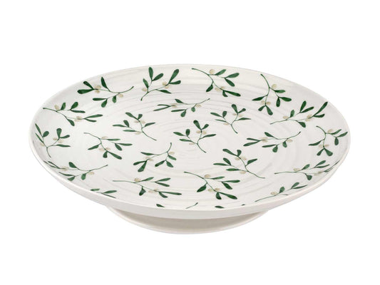 A large footed cake stand that is part of Sophie Conran's Mistletoe range, this piece is made of a white porcelain that has been textured with a ripple design and printed with an array of lavender stems on its main plate element. It is an ideal size for serving a large fruit sponge.