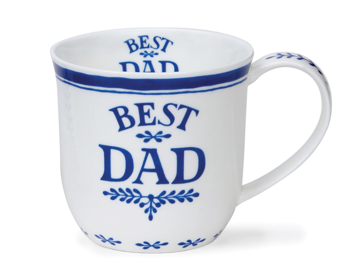 Dunoon Cumbrae Best Dad fine bone china mug in white with blue lettering and decorative border